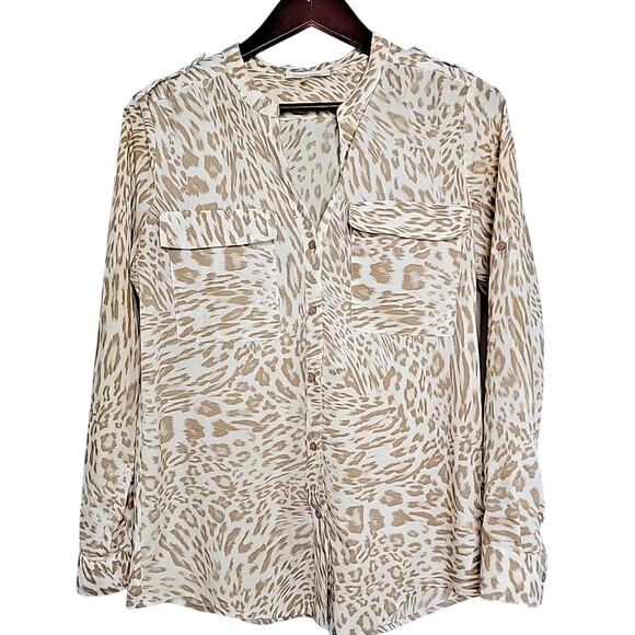 Calvin Klein Womens Small Animal Print Ivory/Beige Buttonup Rollup Sleeve Blouse - Picture 1 of 9